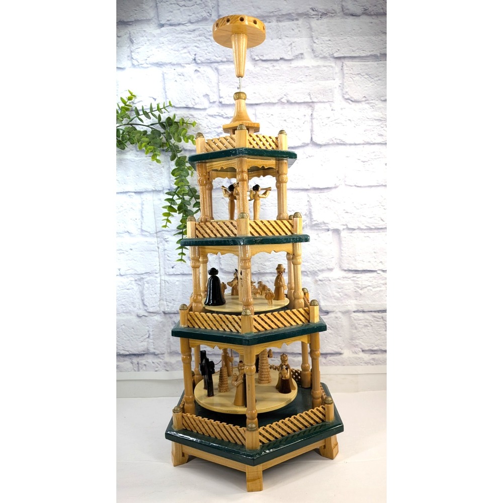 **READ**🎁Vntg Wooden Christmas Pyramid Nativity Carousel 4 Tier Candle German